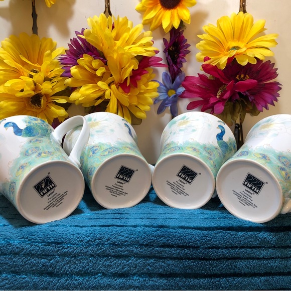 Set Of 4 Unused, 222 Fifth Lakshmi Porcelain Peacock Mugs - Picture 5 of 16